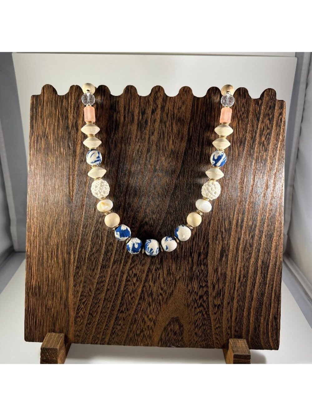 Handcrafted Blue & White Ceramic Bead Necklace With Gold Clasp & Adjustable Chai